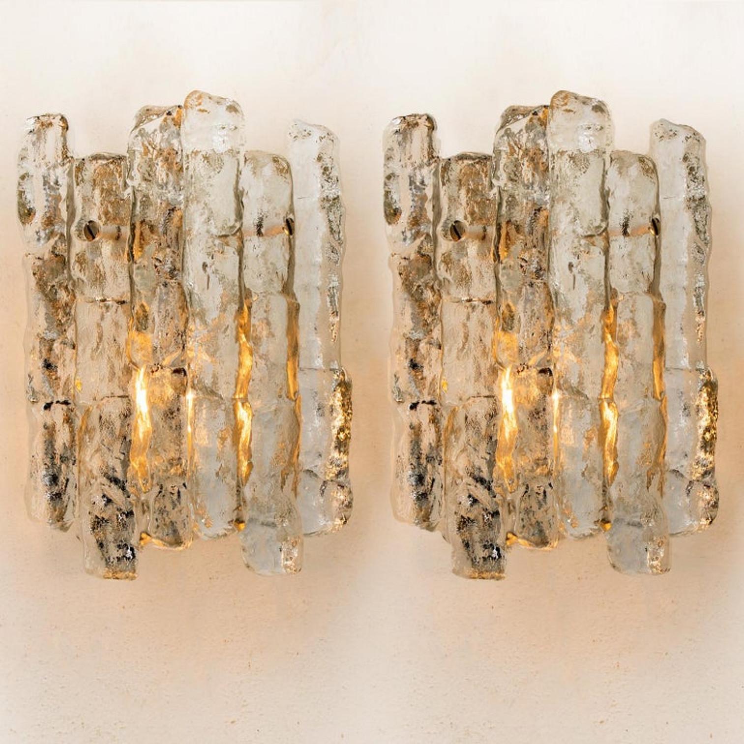 Mid-Century Modern Pair of Ice Glass Wall Lights with Brass Tone by J.T. Kalmar, Austria For Sale