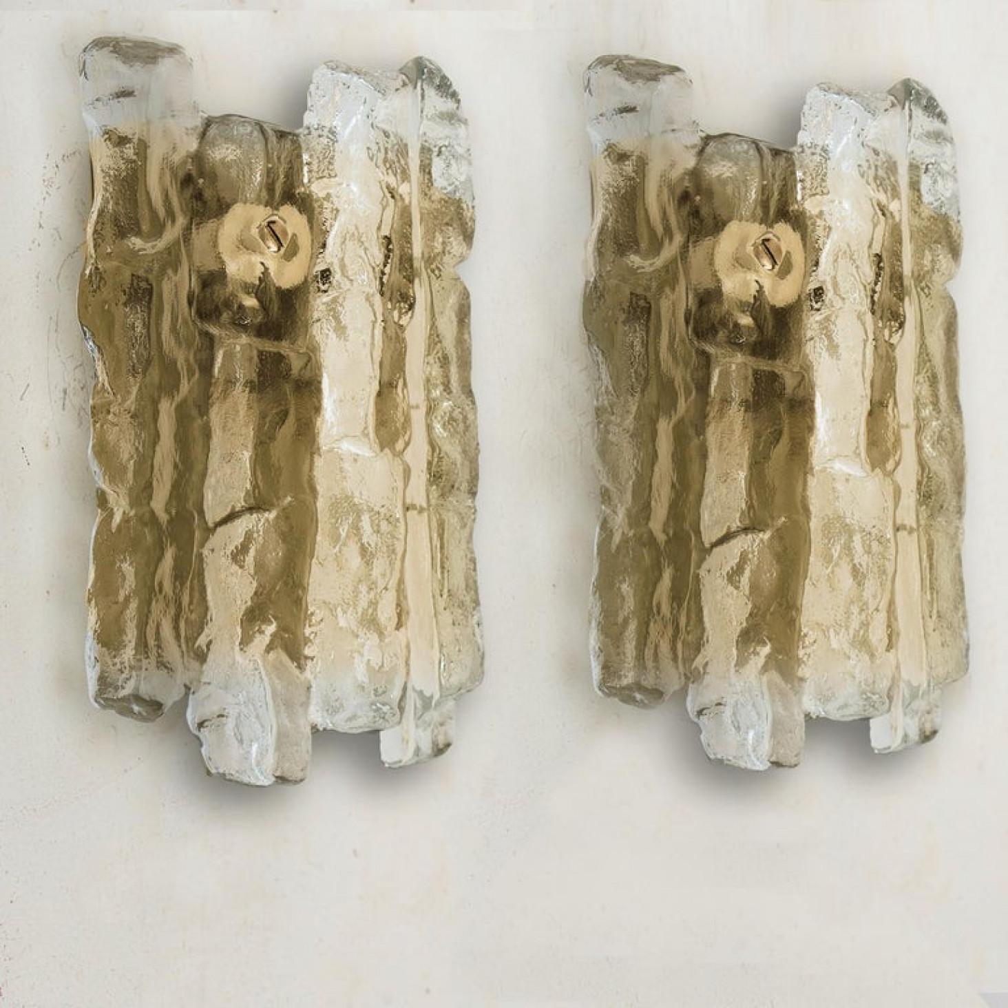 Mid-20th Century Pair of Ice Glass Wall Lights with Brass Tone by J.T. Kalmar, Austria For Sale