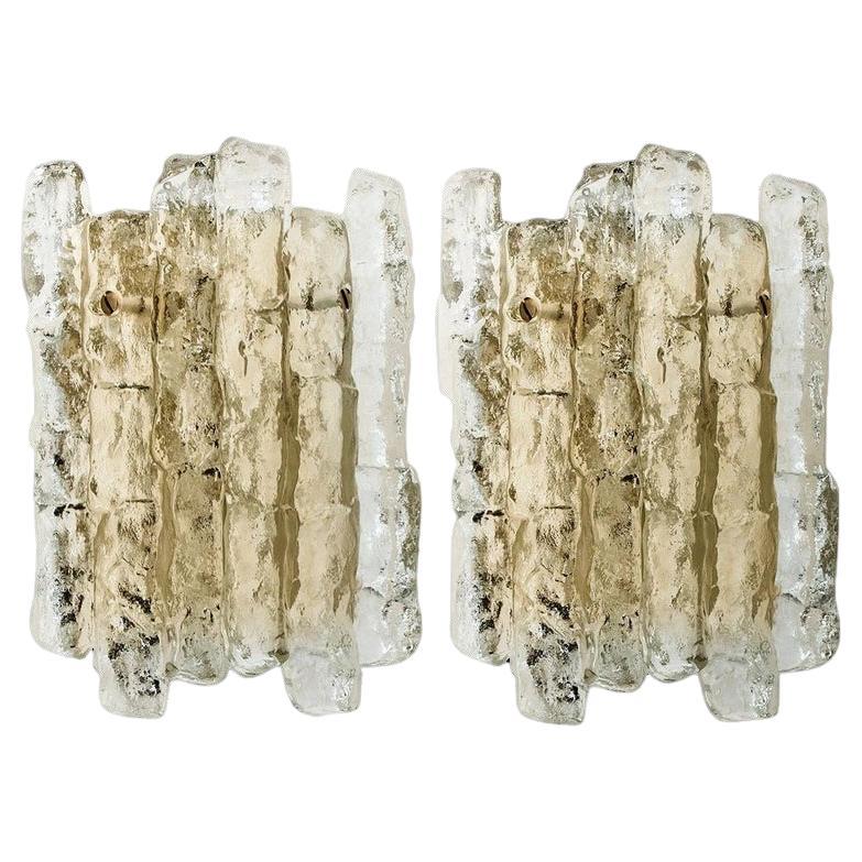 Pair of Ice Glass Wall Lights with Brass Tone by J.T. Kalmar, Austria