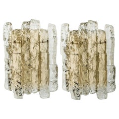 Pair of Ice Glass Wall Lights with Brass Tone by J.T. Kalmar, Austria