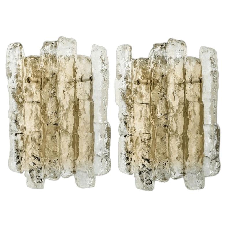 Pair of Ice Glass Wall Lights with Brass Tone by J.T. Kalmar, Austria