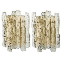 Pair of Ice Glass Wall Lights with Brass Tone by J.T. Kalmar, Austria