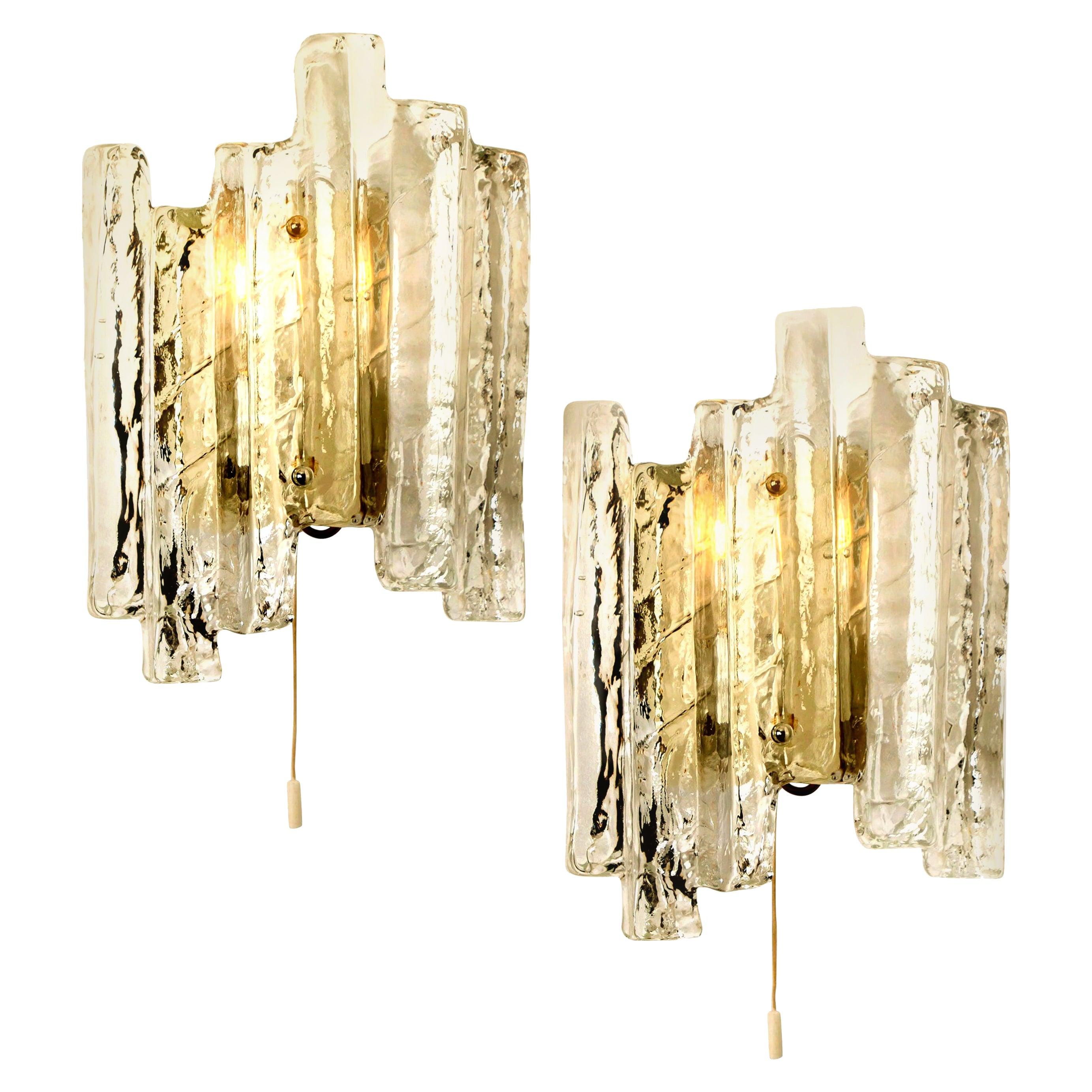 Pair of Ice Glass Wall Sconces, Austria, 1970s