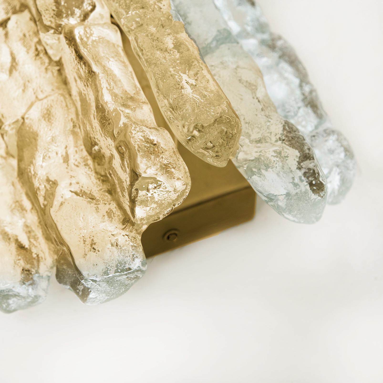 Mid-Century Modern Pair of Ice Glass Wall Sconces with Brass Tone by J.T. Kalmar, Austria