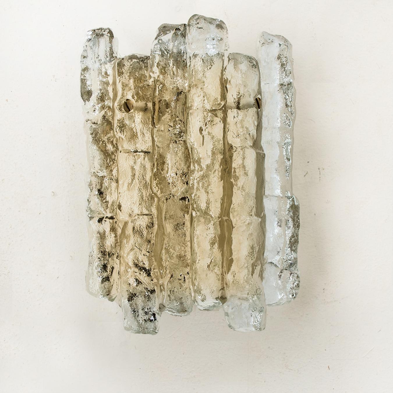Austrian Pair of Ice Glass Wall Sconces with Brass Tone by J.T. Kalmar, Austria
