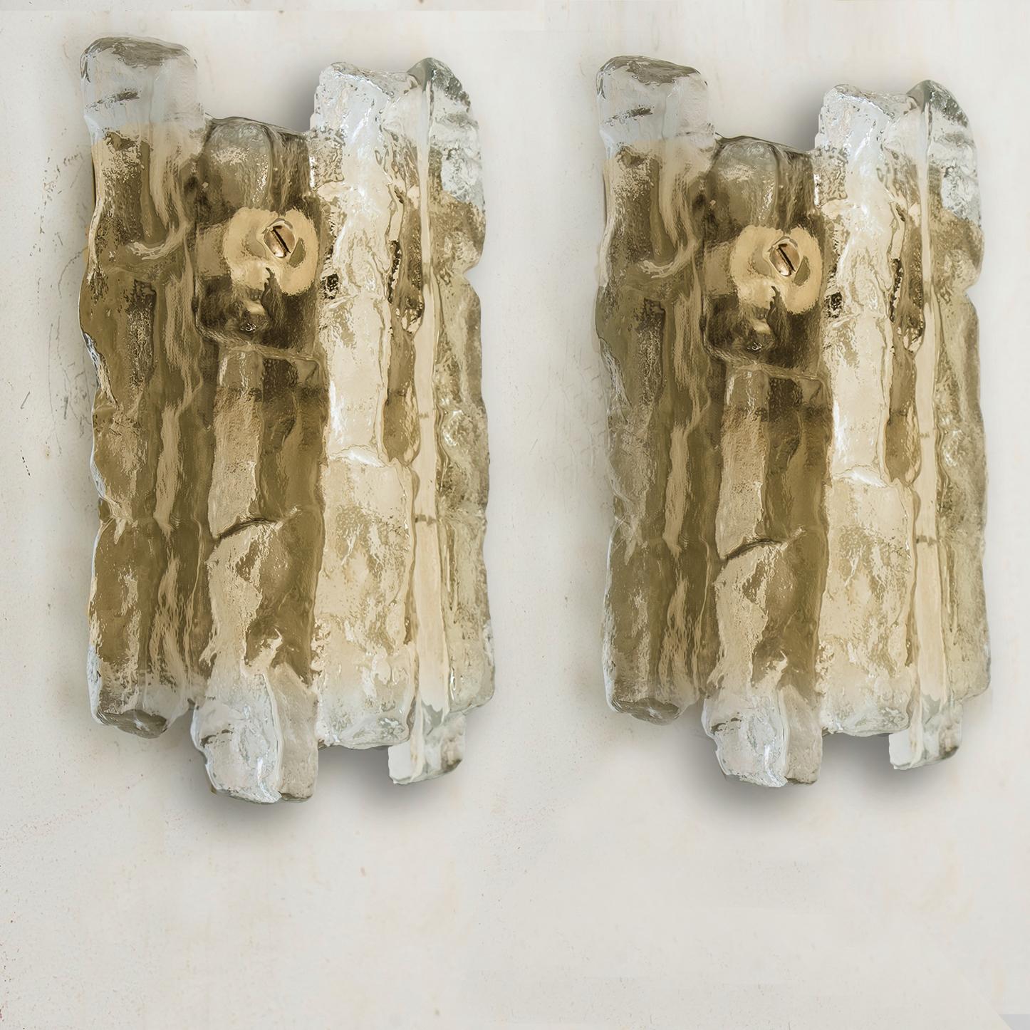 Pair of Ice Glass Wall Sconces with Brass Tone by J.T. Kalmar, Austria In Excellent Condition In Rijssen, NL
