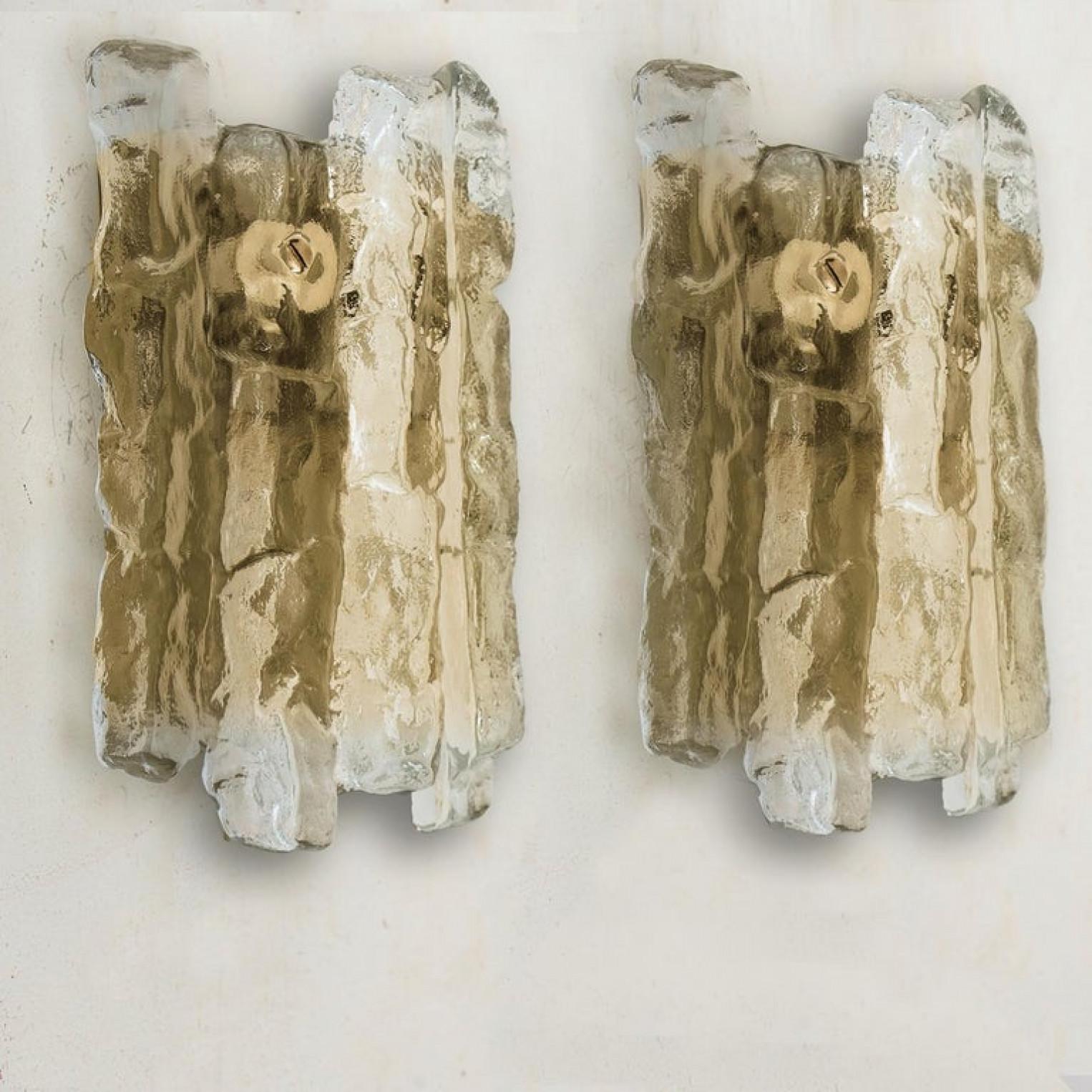 Mid-20th Century Pair of Ice Glass Wall Sconces with Brass Tone by J.T. Kalmar, Austria For Sale