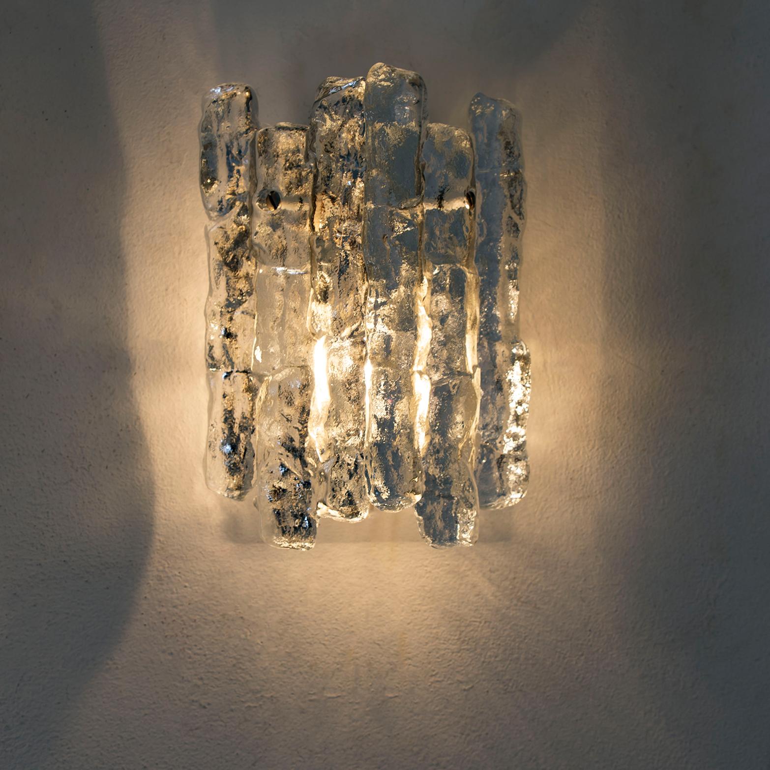 Pair of Ice Glass Wall Sconces with Brass Tone by J.T. Kalmar, Austria 1