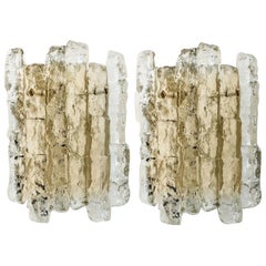 Pair of Ice Glass Wall Sconces with Brass Tone by J.T. Kalmar, Austria