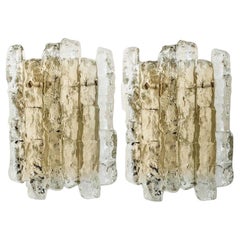 Retro Pair of Ice Glass Wall Sconces with Brass Tone by J.T. Kalmar, Austria