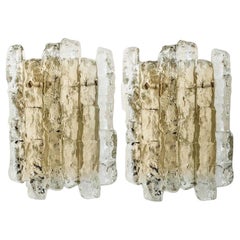 Pair of Ice Glass Wall Sconces with Brass Tone by J.T. Kalmar, Austria