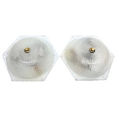 Pair of Ice Pattern Clear Glass Flush Mount Ceiling Lights by Honsel Leuchten