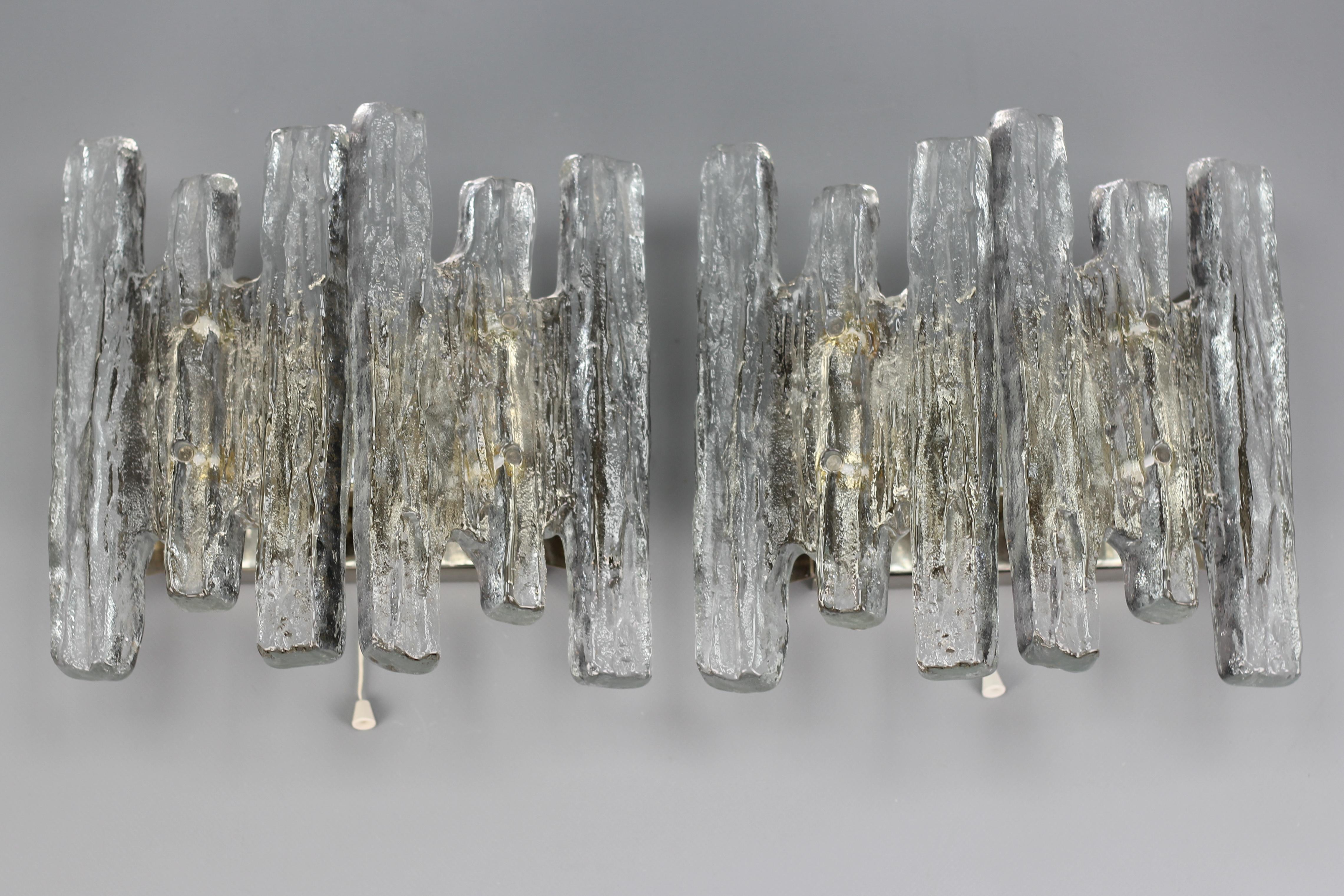 Mid-Century Modern Pair of Icicle Ice Glass Three-Light Sconces by Kalmar Franken KG, Austria For Sale