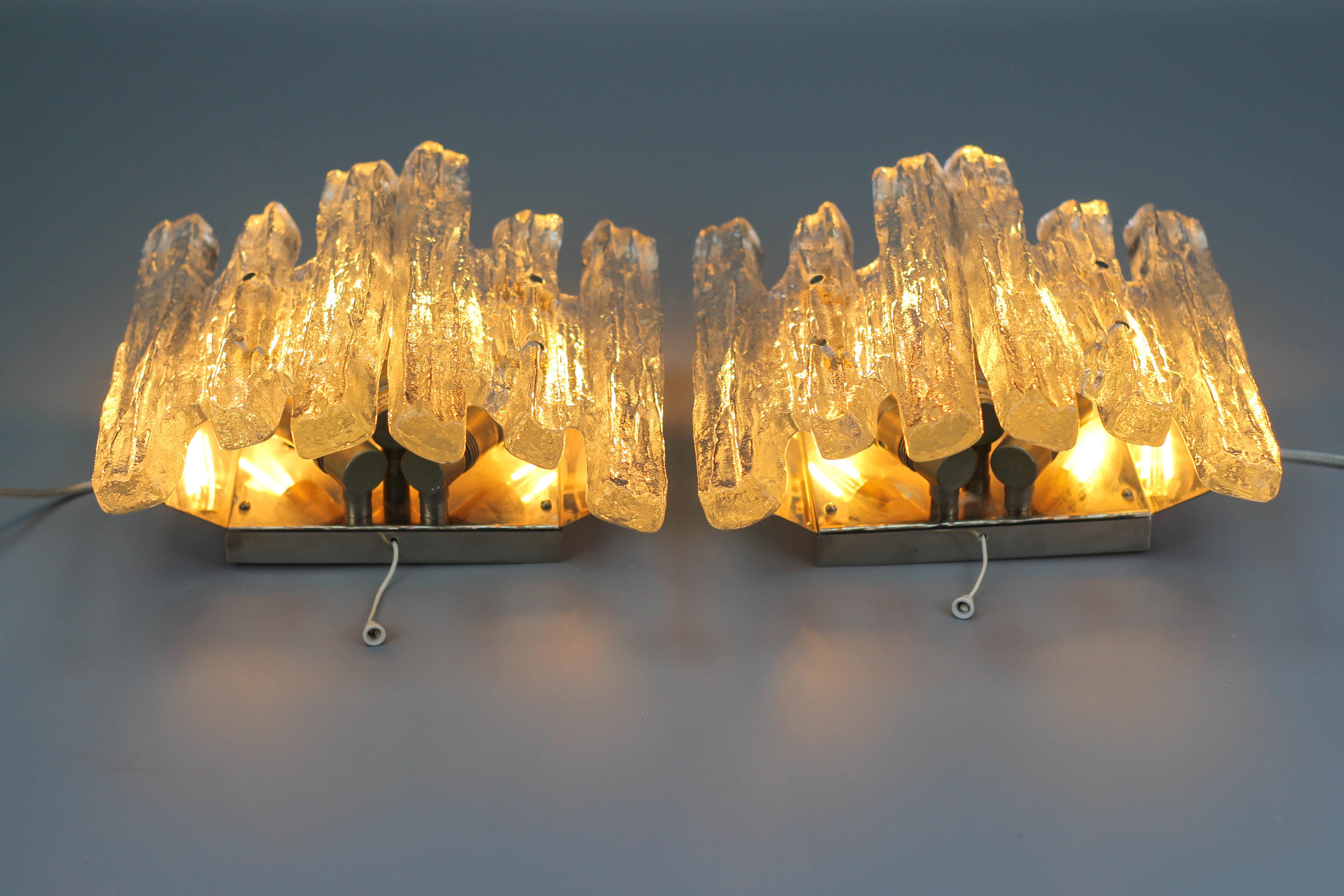 Steel Pair of Icicle Ice Glass Three-Light Sconces by Kalmar Franken KG, Austria For Sale
