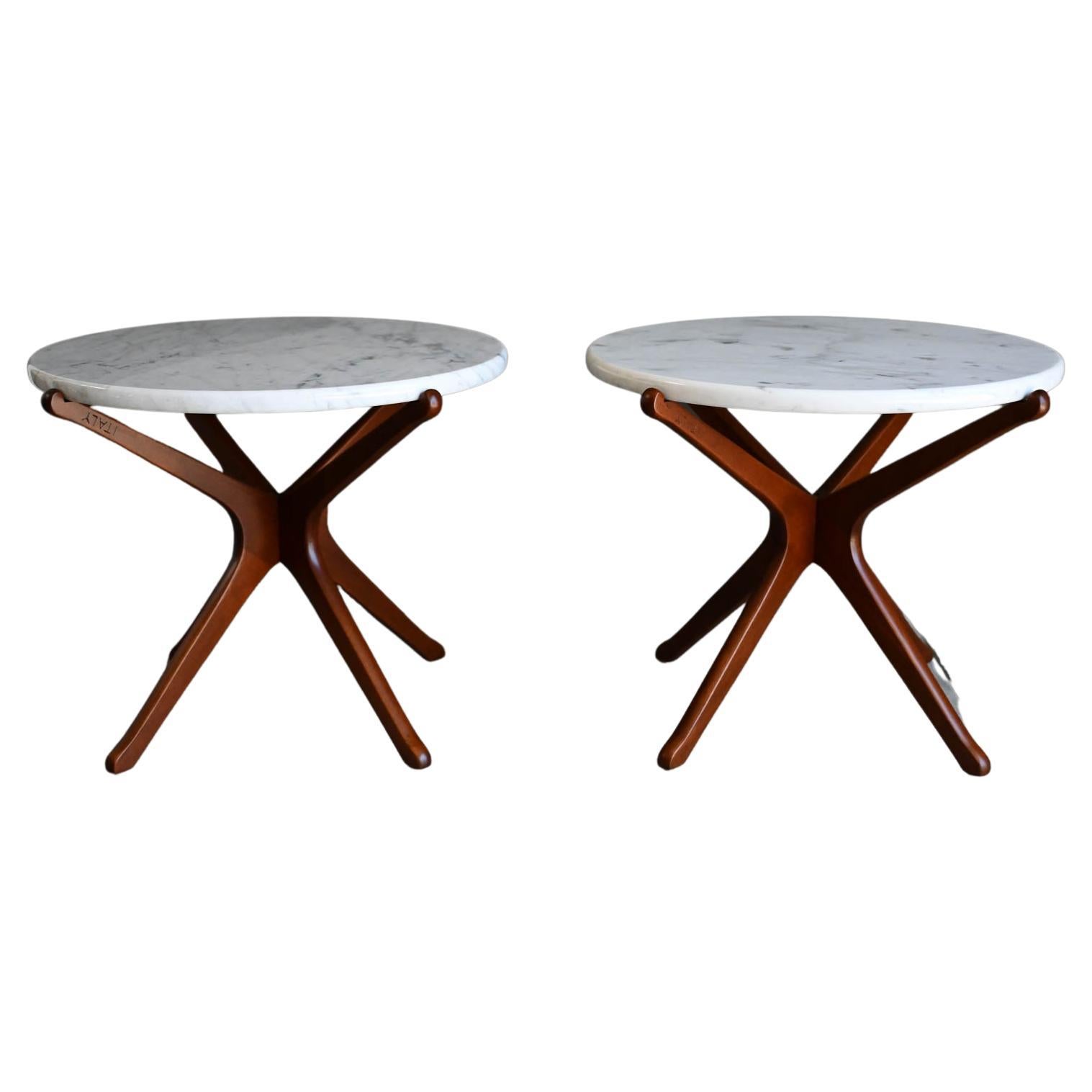 Pair of Ico Parisi Italian Walnut and Marble Side Tables, ca. 1960 For Sale