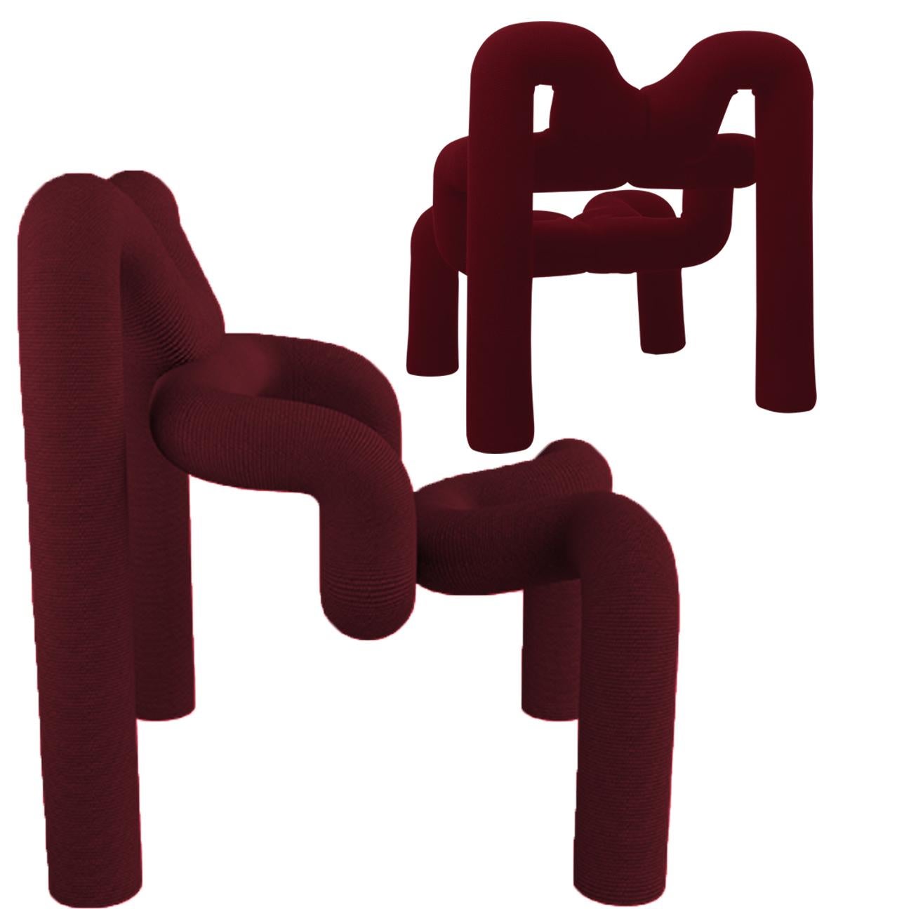 A pair of iconic and stylish armchairs handcrafted from Norway. Designed by Terje Ekstrom.

The chair is both modern and yet very functional. The design dates from the late 1970s. The color is Bordeaux. It’s distinguished by its design purity and
