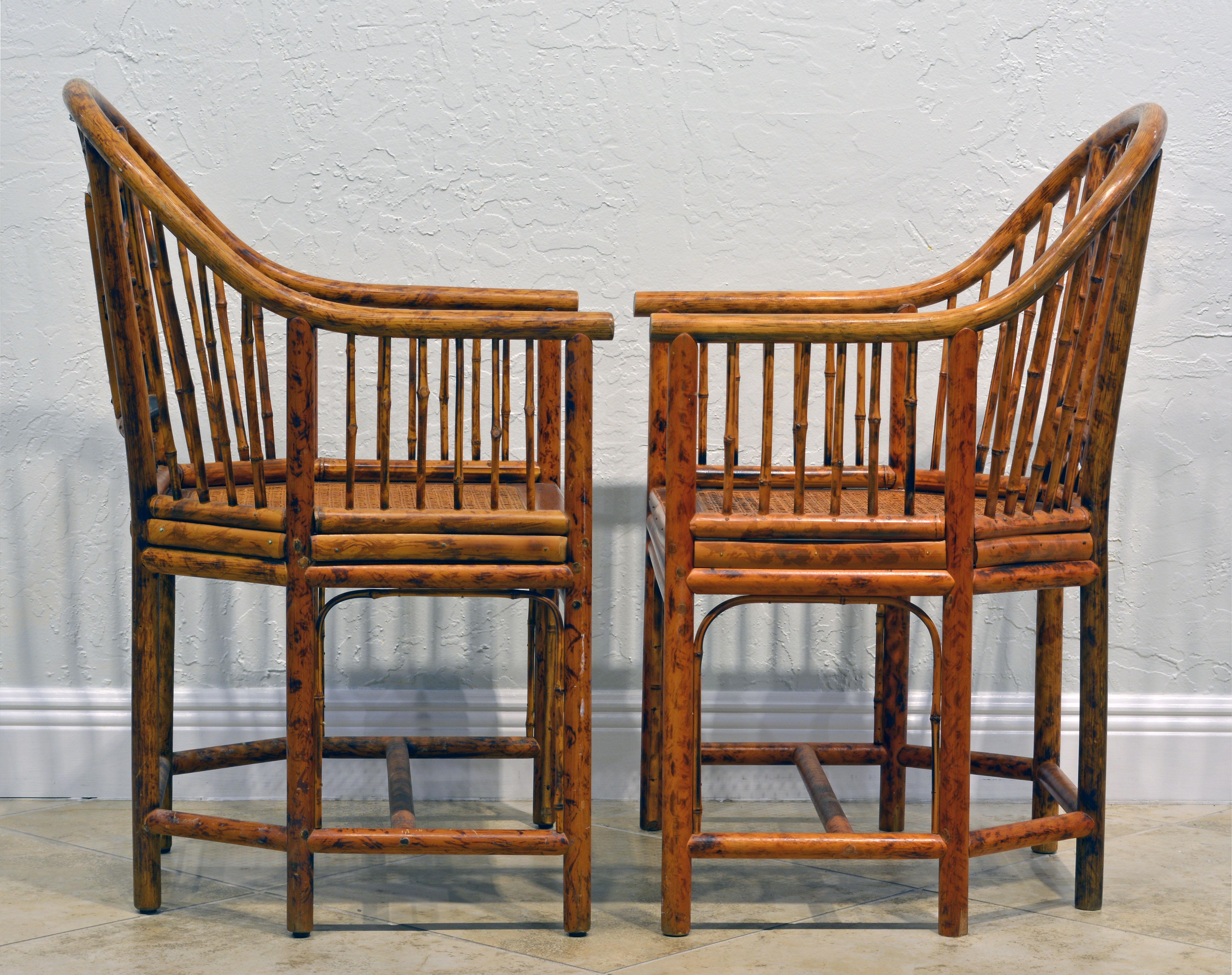 Chinese Pair of Iconic Brighton Pavilion Style Chinoiserie Burnished Bamboo Armchairs