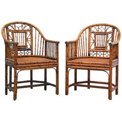 Pair of Iconic Brighton Pavilion Style Chinoiserie Burnished Bamboo Armchairs