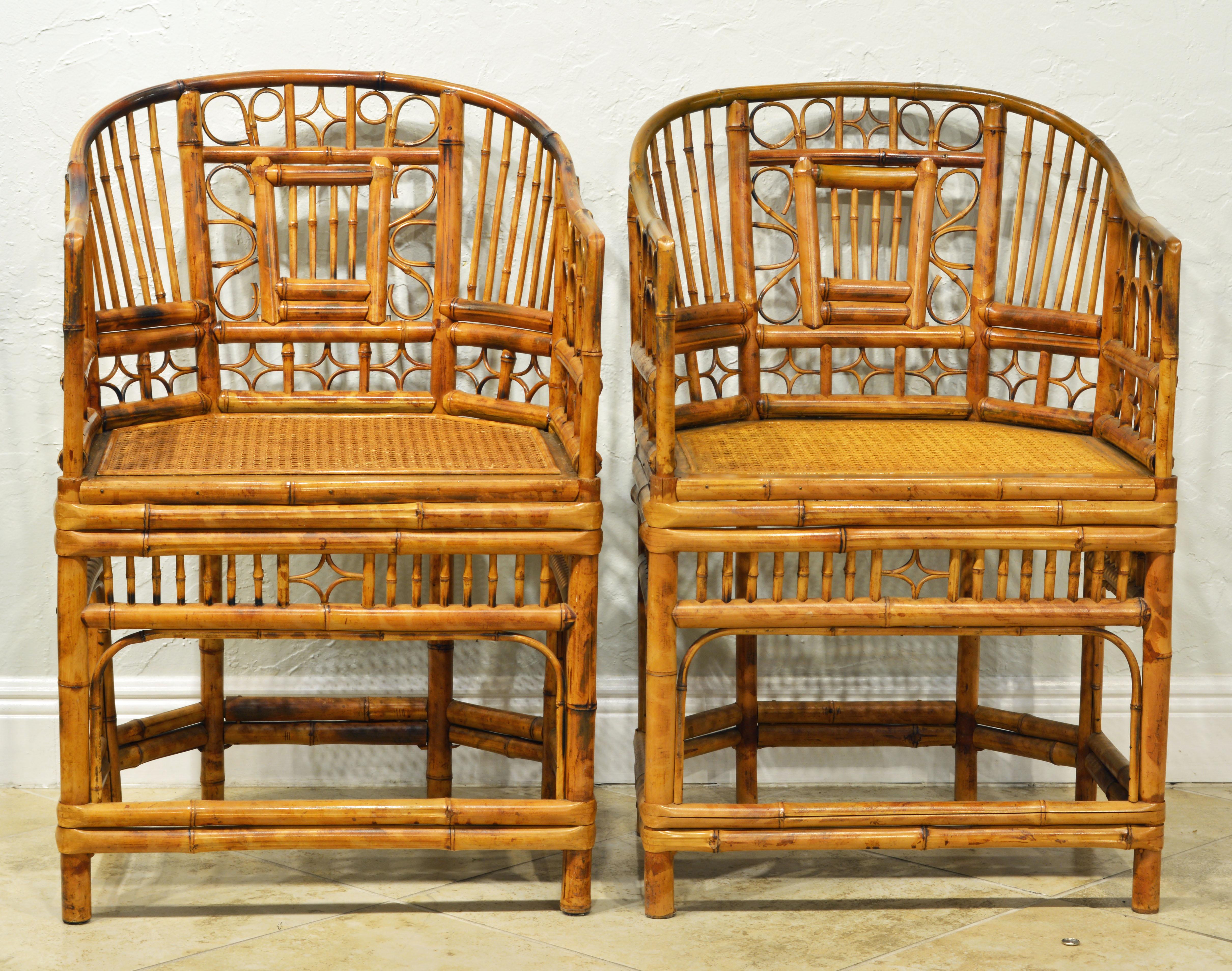 Chinese Chippendale Pair of Iconic Brighton Pavilion Style Chinoiserie Chippendale Bamboo Armchairs