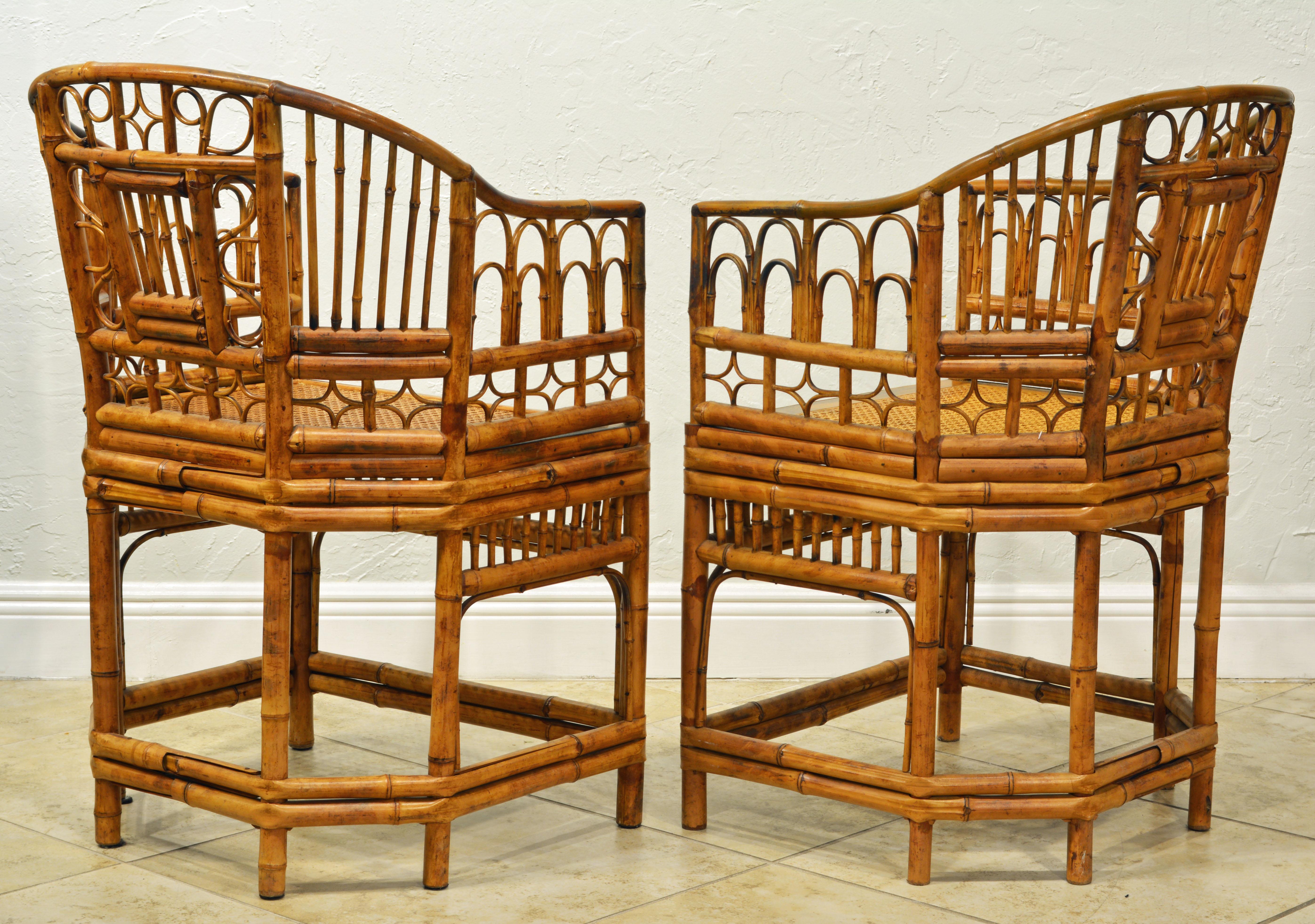 Asian Pair of Iconic Brighton Pavilion Style Chinoiserie Chippendale Bamboo Armchairs