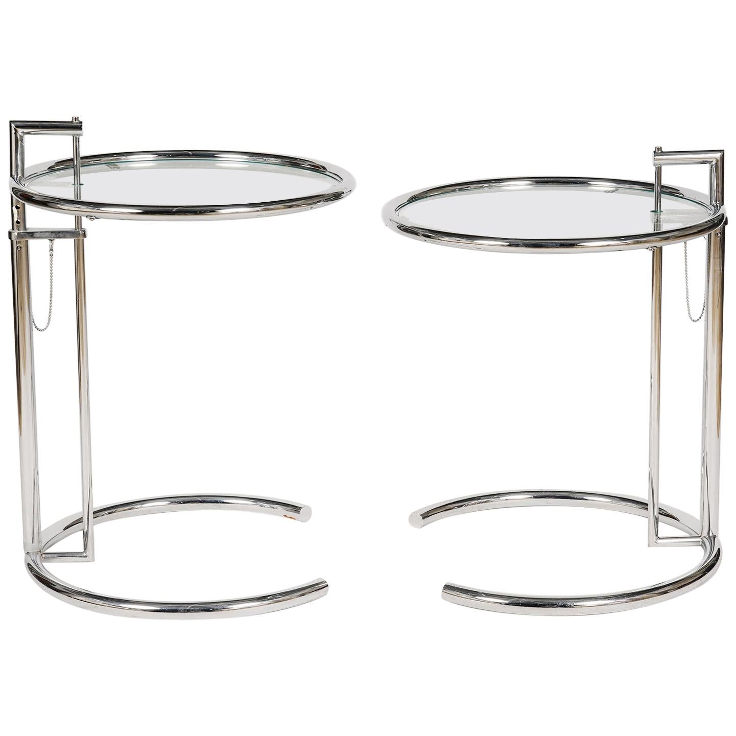 Pair of Iconic Eileen Gray E1027 Adjustable Round Chrome and Glass Side Tables
