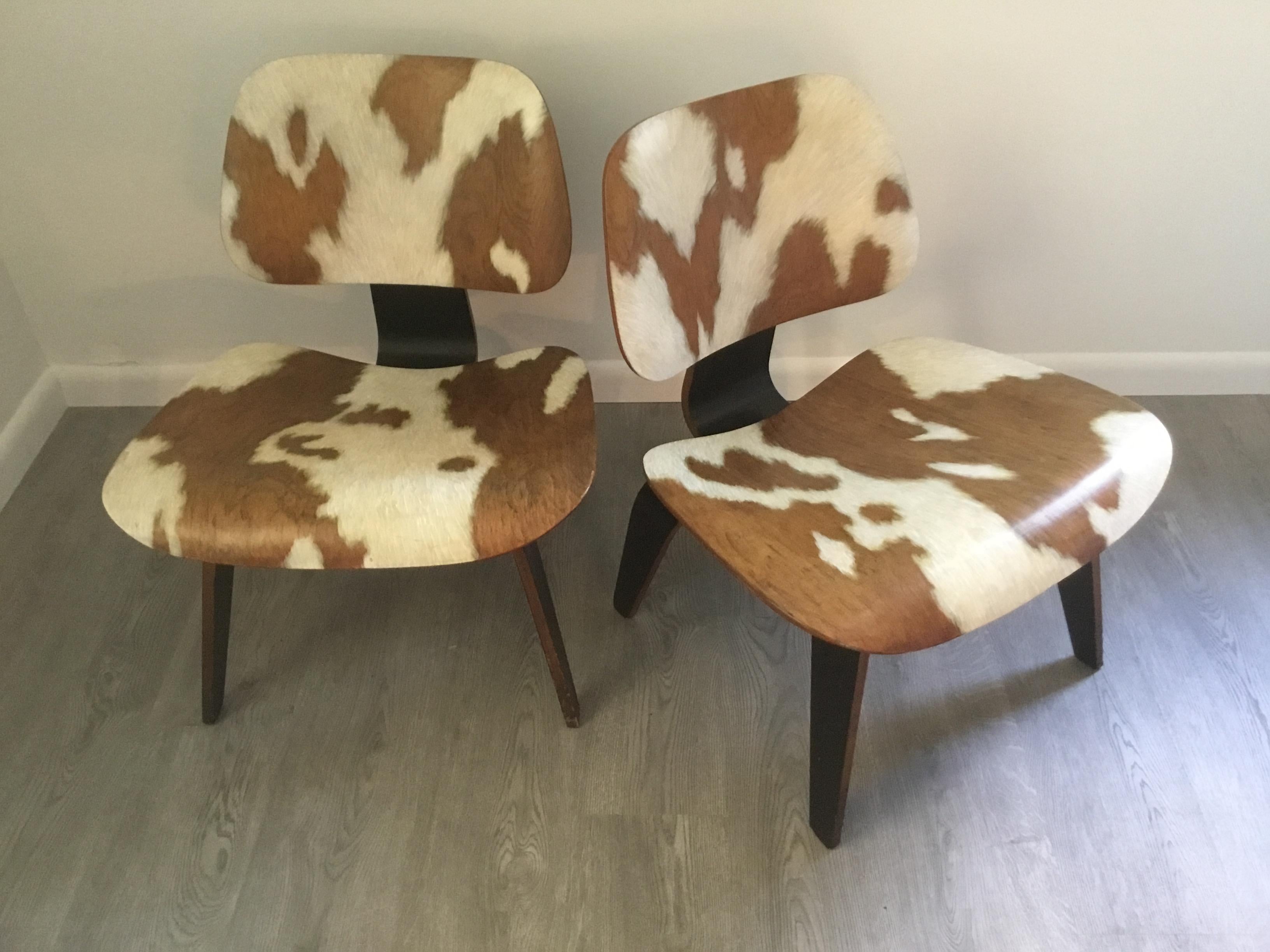 Plywood Pair of Iconic LCW Eames Chairs with Faux Cowhide Finish by Lynn Curlee