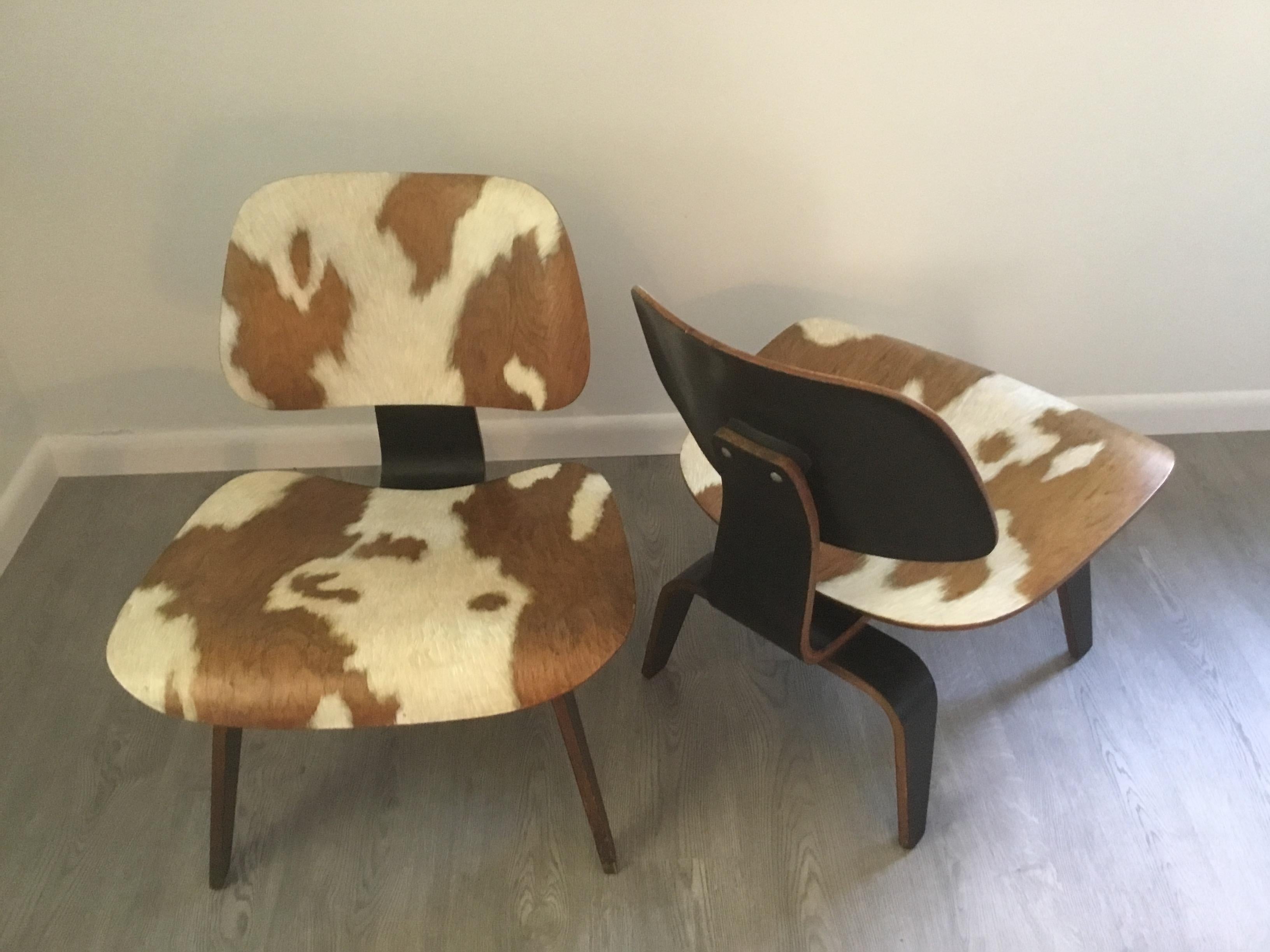 Pair of Iconic LCW Eames Chairs with Faux Cowhide Finish by Lynn Curlee 1