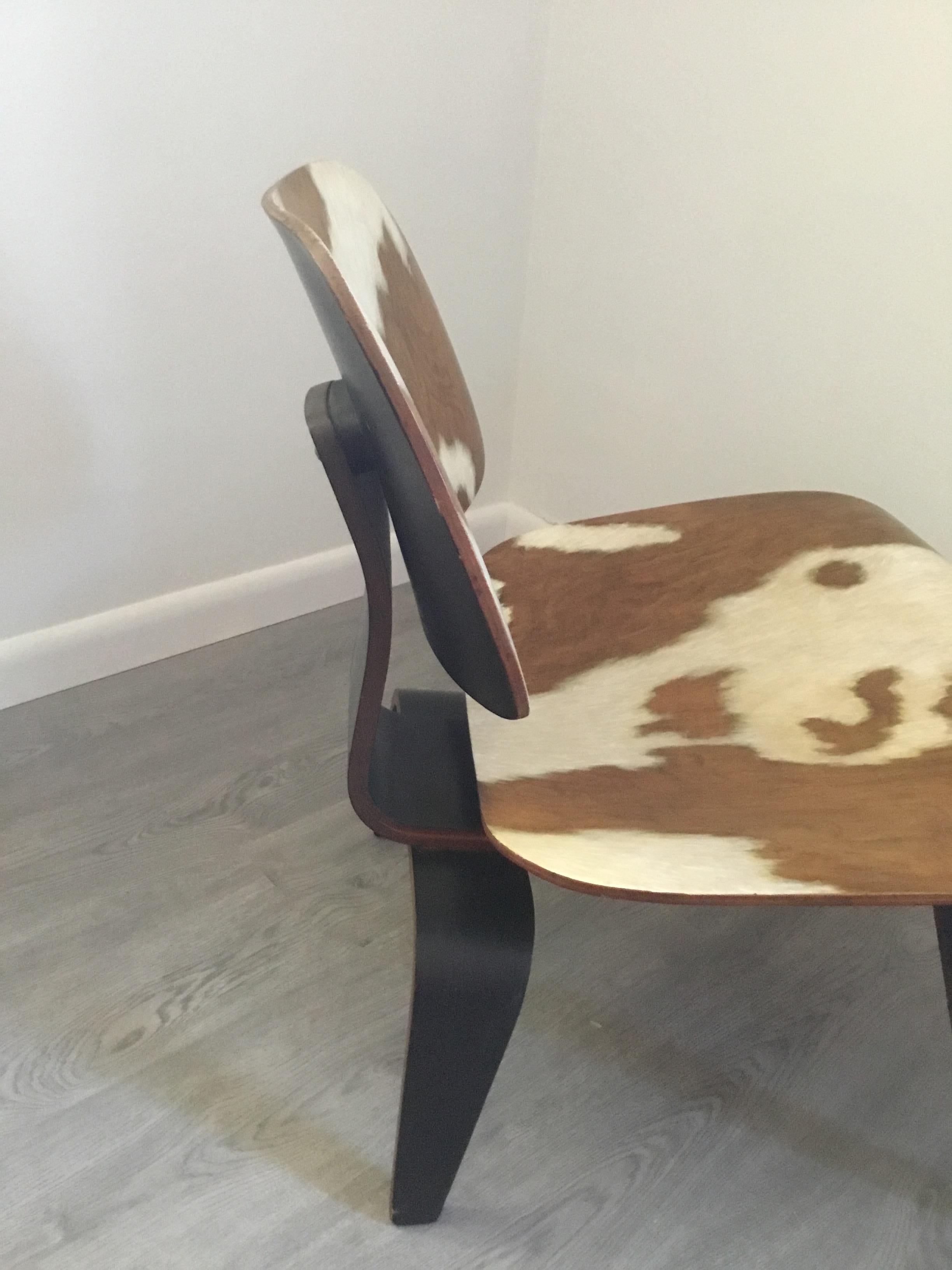 Mid-Century Modern Pair of Iconic LCW Eames Chairs with Faux Cowhide Finish by Lynn Curlee