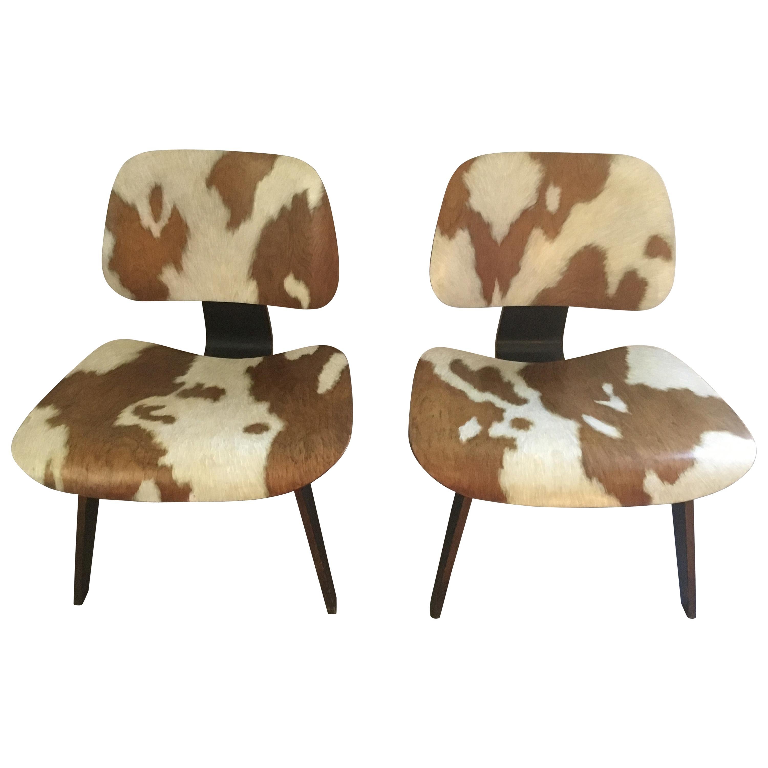 Pair of Iconic LCW Eames Chairs with Faux Cowhide Finish by Lynn Curlee