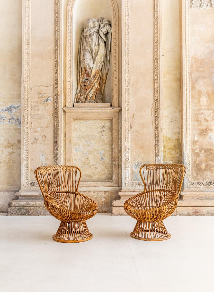 Mid-Century Modern Paire de fauteuils emblématiques en rotin Margherita de Franco Albini pour Bonacina