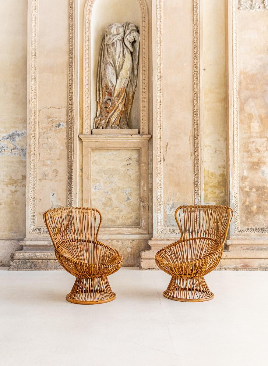 Mid-Century Modern Pair of Iconic Margherita Rattan Armchairs by Franco Albini for Bonacina For Sale