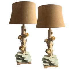Pair of Iconic Mid-Century Large Italian Color Plaster Lotus Pad Lamps w/ Shades