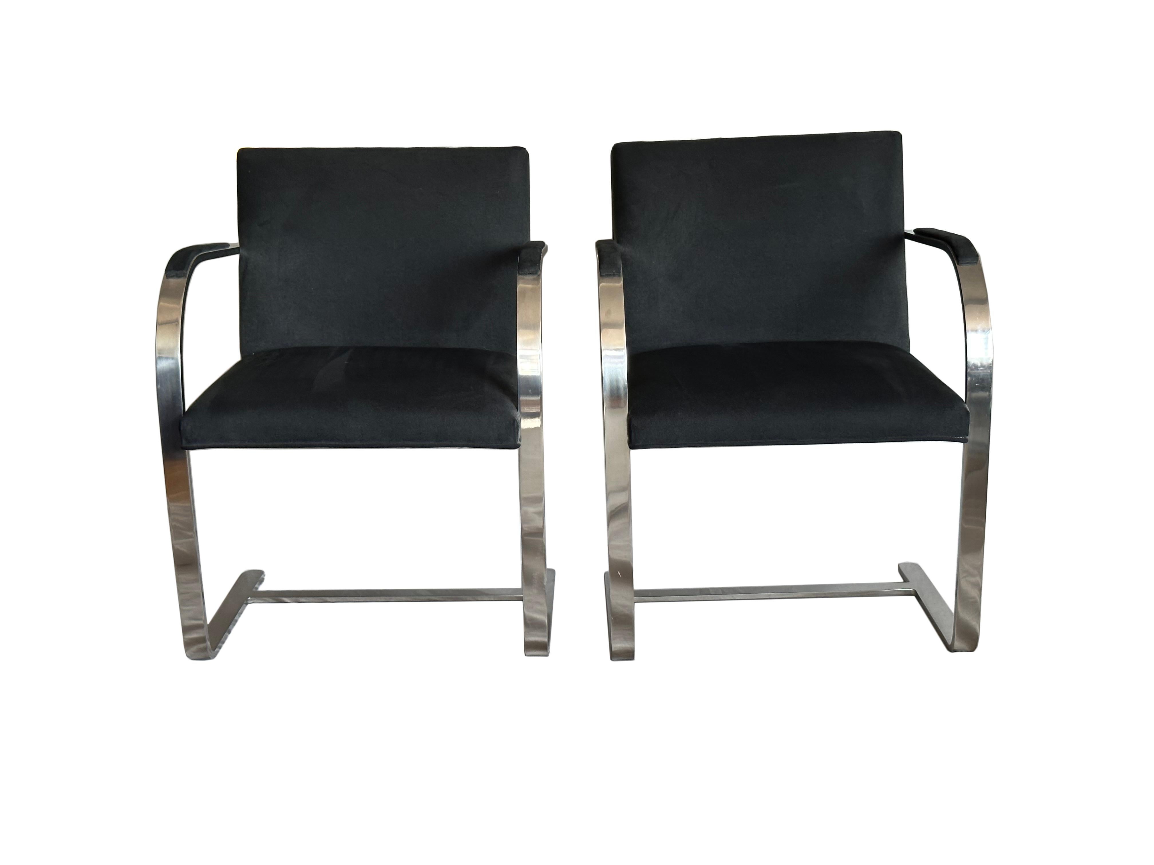 Polished Pair of Iconic Mies Van Der Rohe Brno Flat Bar Chair in Black Suede For Sale