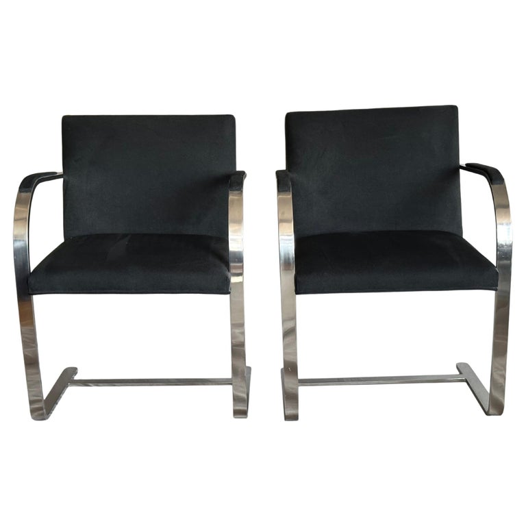 Pair of Iconic Mies Van Der Rohe Brno Flat Bar Chair in Black Suede For