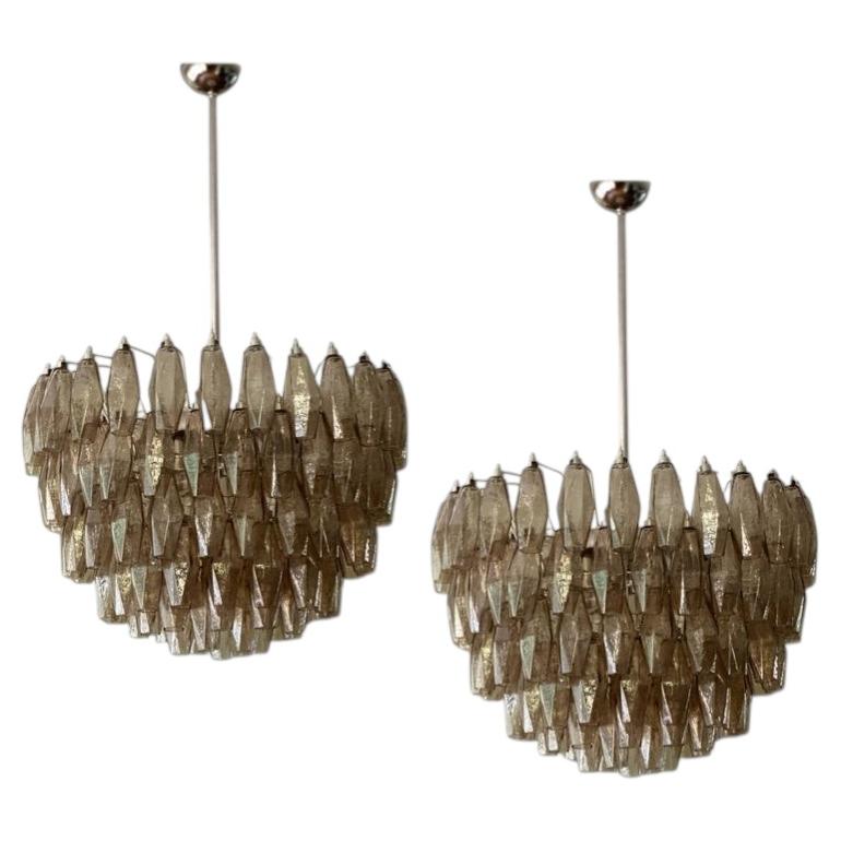 Pair of Iconic Murano Chandeliers with Sand Colored Poliedri & Chrome Structure