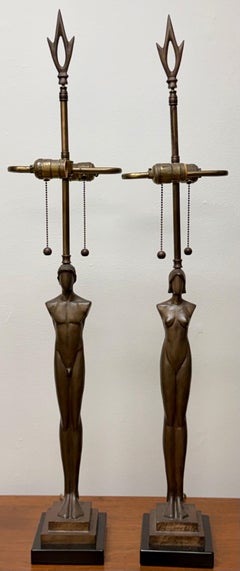 Pair of Iconic Patinated Bronze Nude Figural Lamps by Tom Corbin