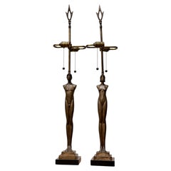 Pair of Iconic Patinated Bronze Nude Figural Lamps by Tom Corbin