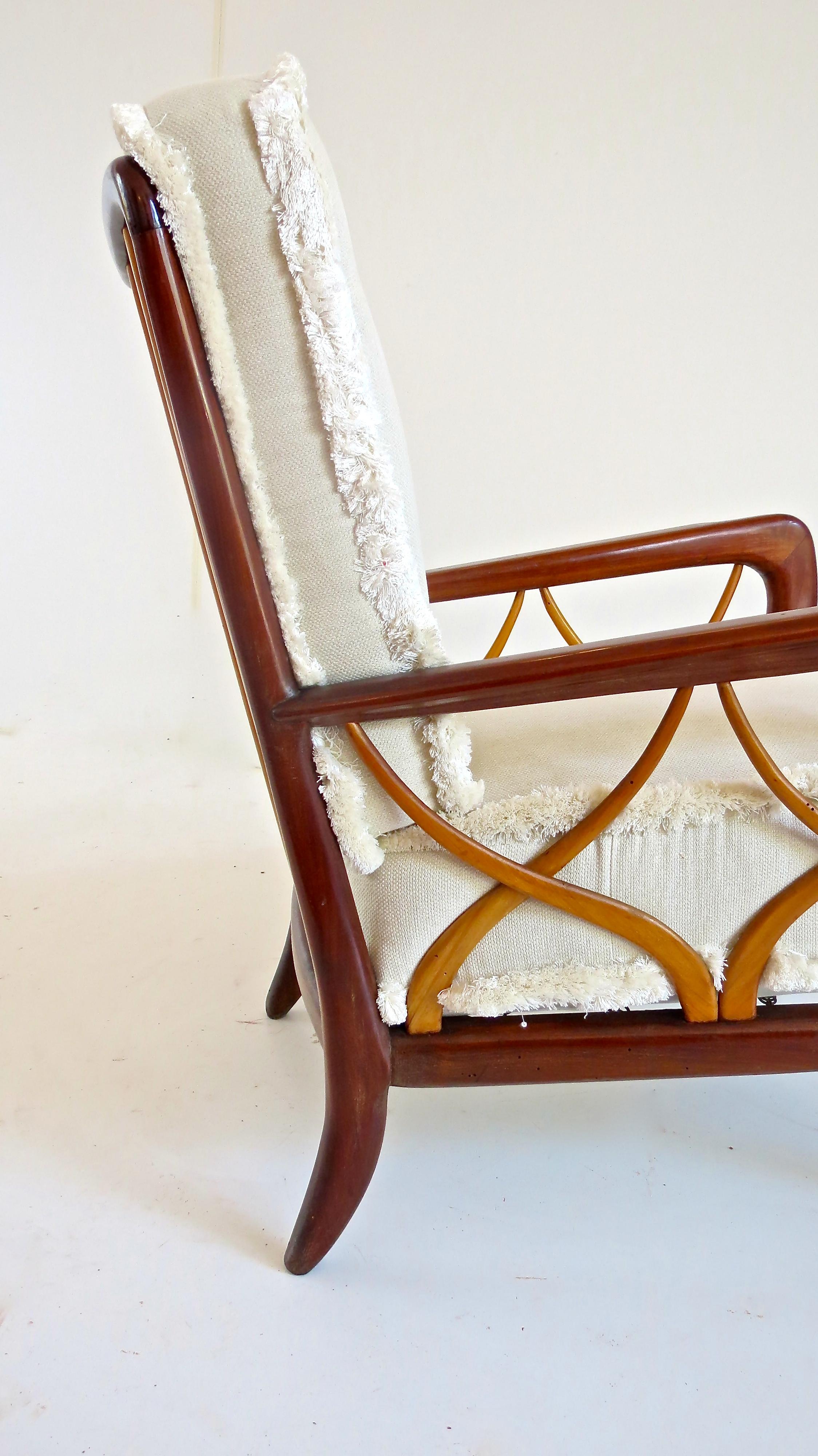 Pair of Iconic Walnut and Cherrywood Attributed Paolo Buffa White Armchairs 1940 1