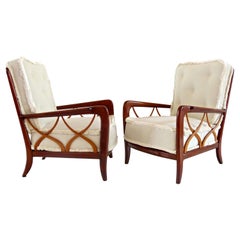 Pair of Iconic Walnut and Cherrywood Attributed Paolo Buffa White Armchairs 1940