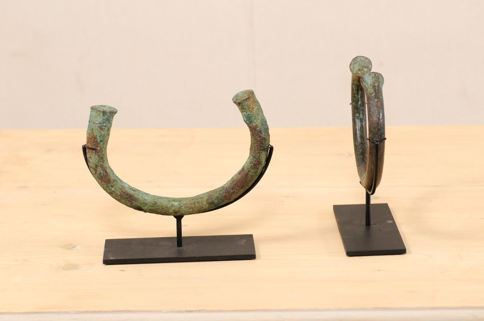 Iron Pair of Igbo Tribe West African Manilla Currencies on Custom Stands