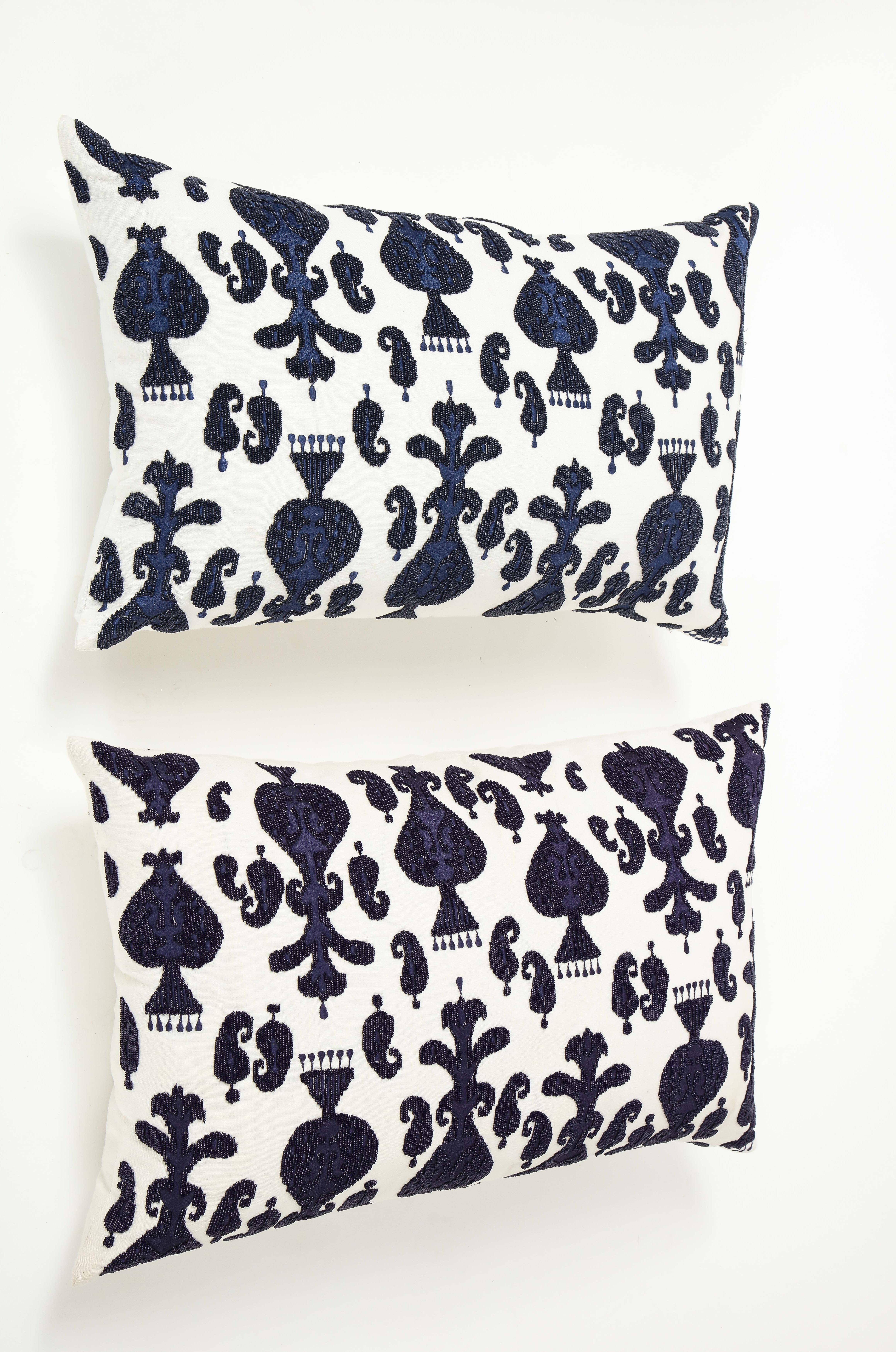 Moorish Pair of Ikat Inspired Blue and Cream Pillows