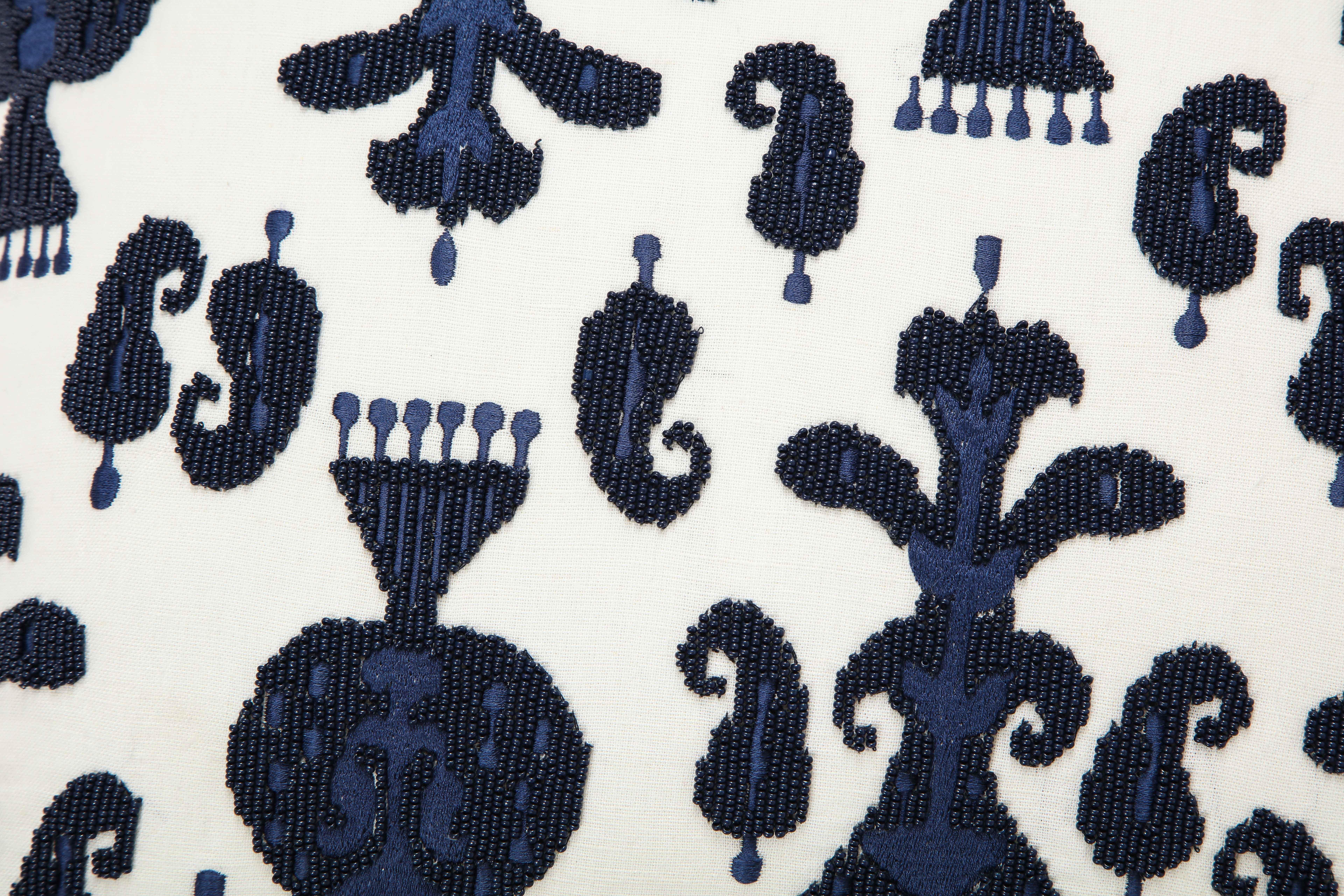 Hand-Crafted Pair of Ikat Inspired Blue and Cream Pillows
