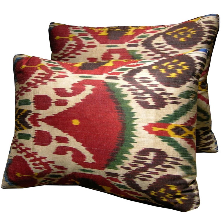 Pair of ikat tapestry pillows, ca. 1900, offered by Y & B Bolour