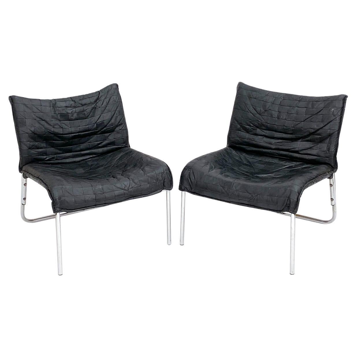 Pair of Ikea Leather & Chrome 'Pix' Chairs by Gillis Lundgren C. 1980's