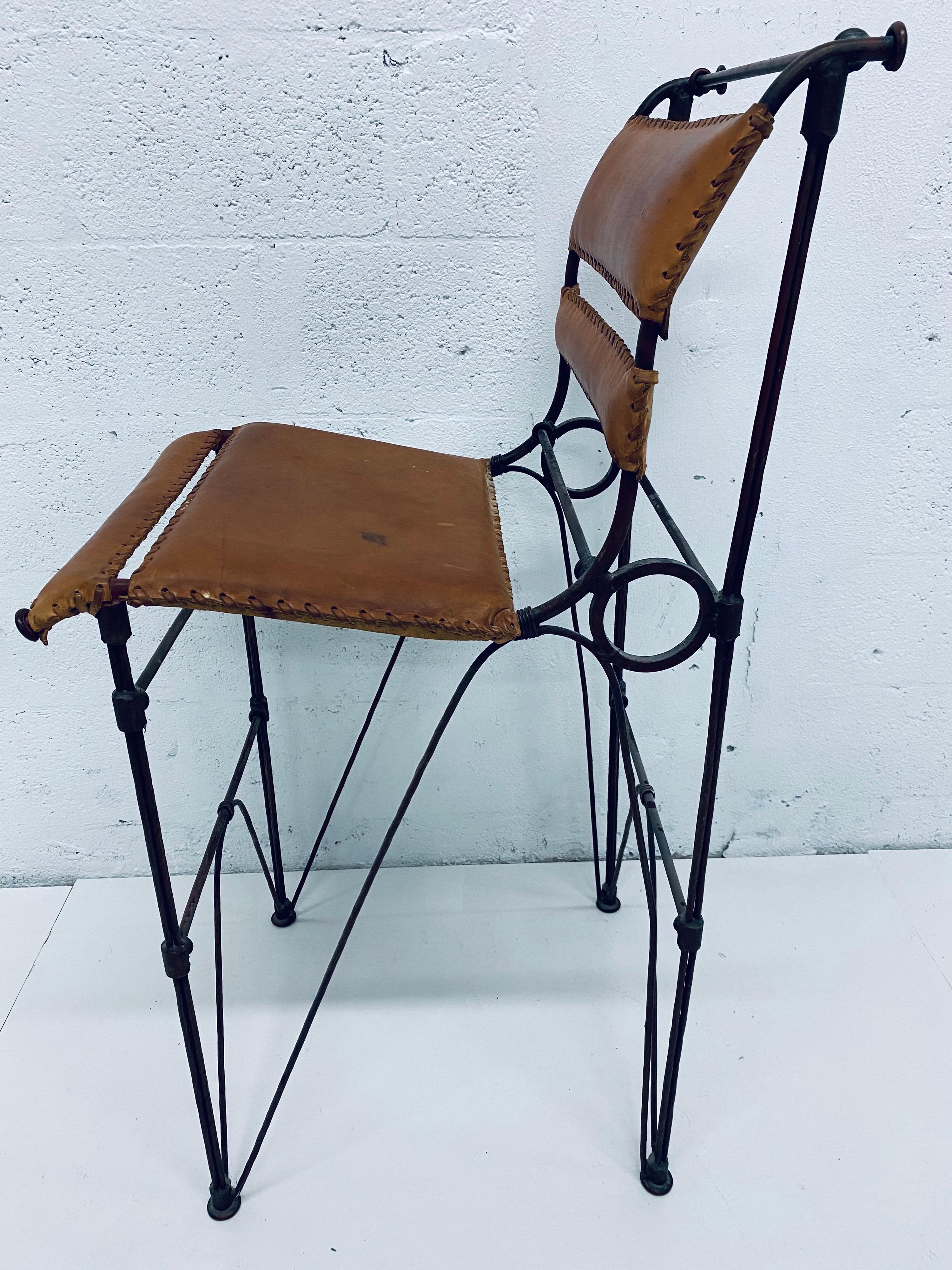 Pair of Ilana Goor Attributed Brown Leather and Iron Bar Stools 4
