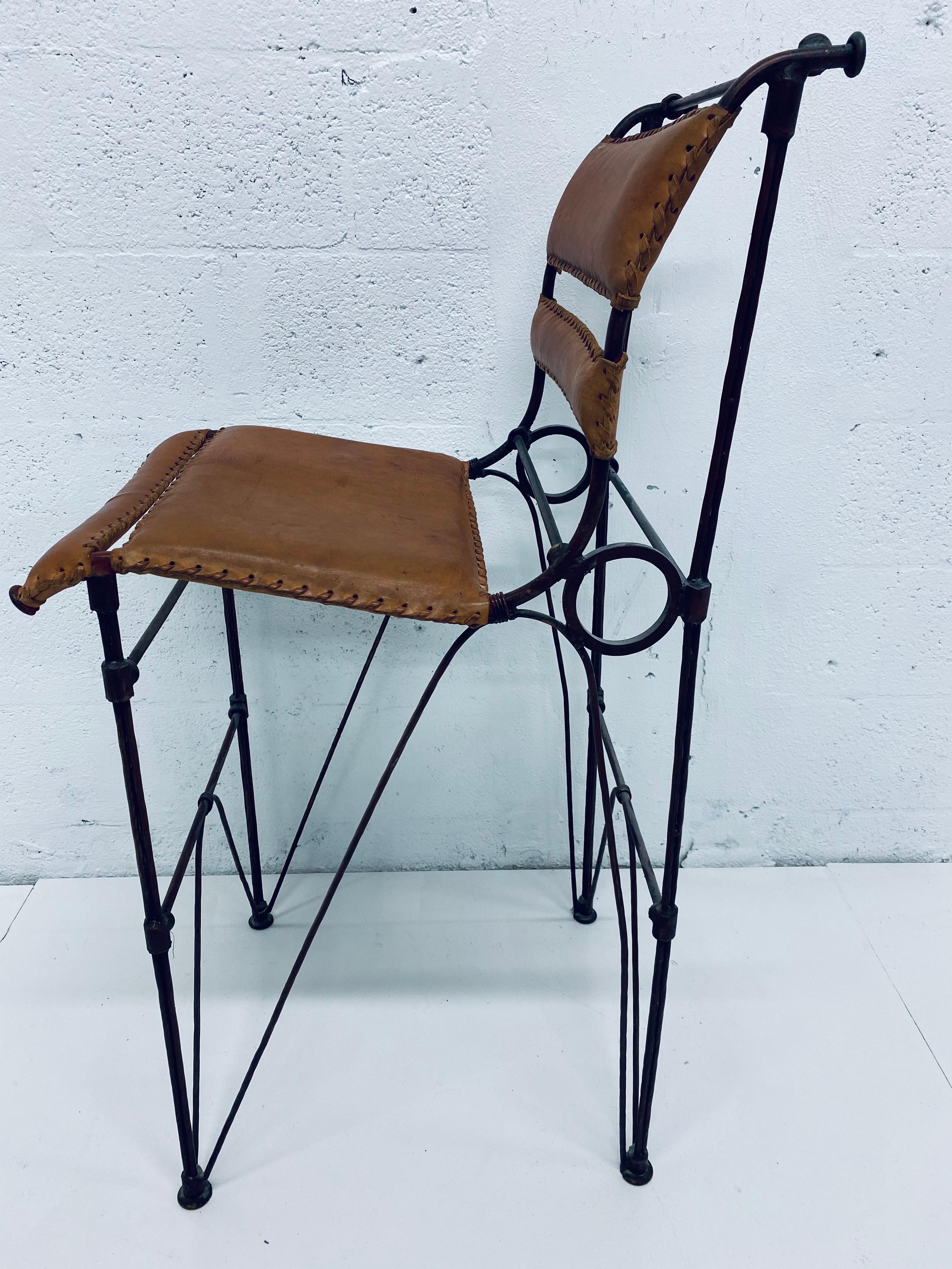 Pair of Ilana Goor Attributed Brown Leather and Iron Bar Stools 7