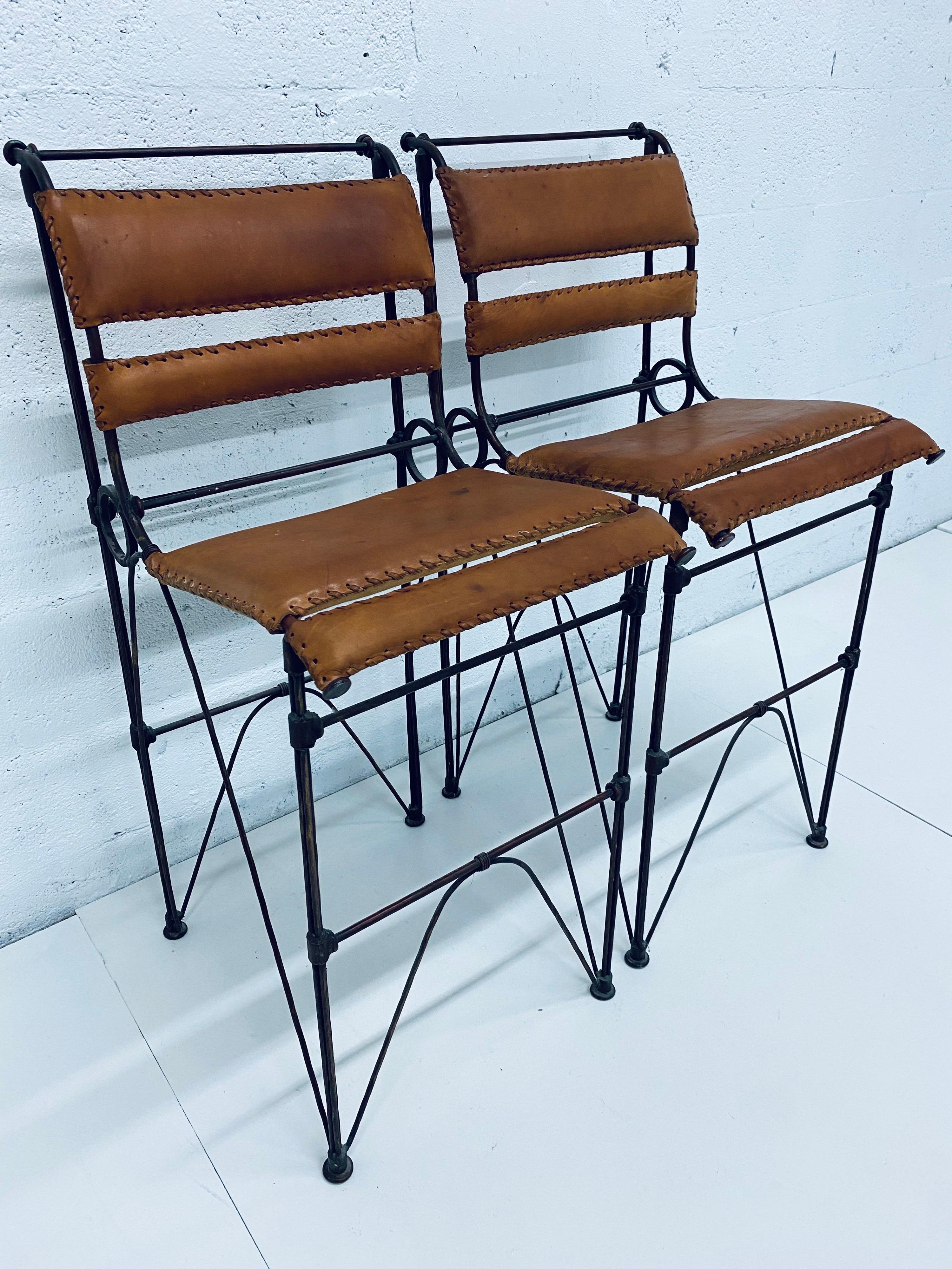 Mid-Century Modern Pair of Ilana Goor Attributed Brown Leather and Iron Bar Stools
