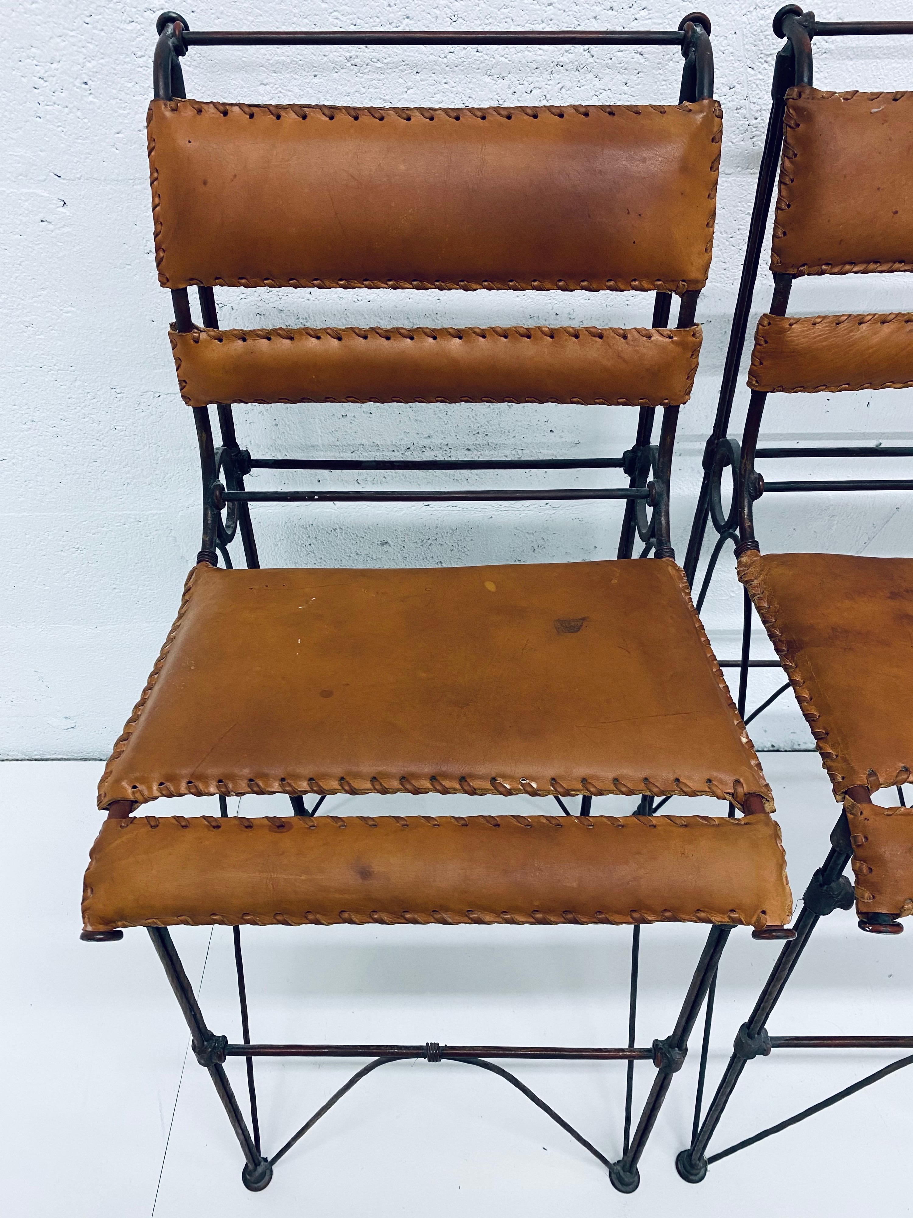 Israeli Pair of Ilana Goor Attributed Brown Leather and Iron Bar Stools