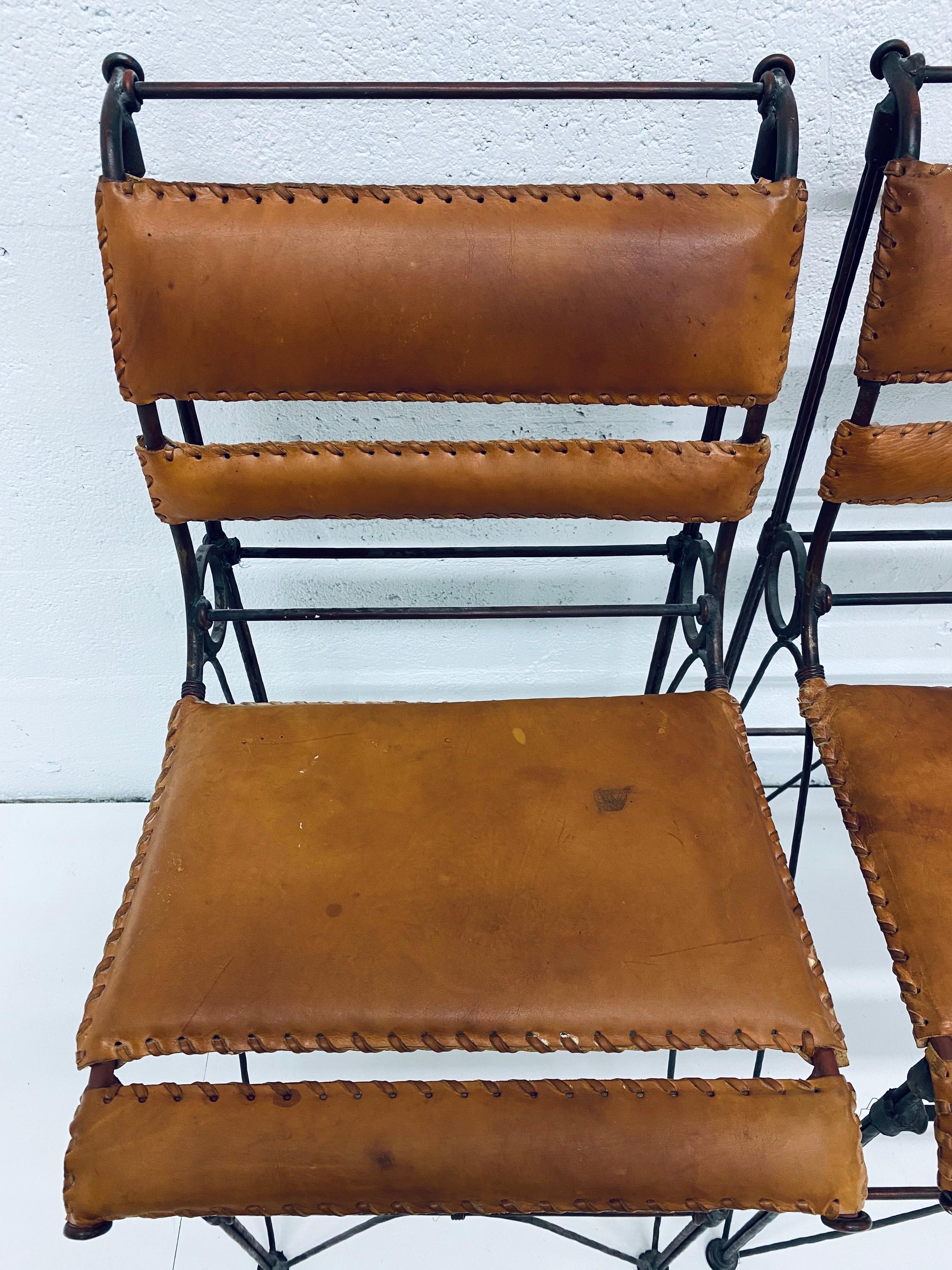 Pair of Ilana Goor Attributed Brown Leather and Iron Bar Stools In Good Condition In Miami, FL