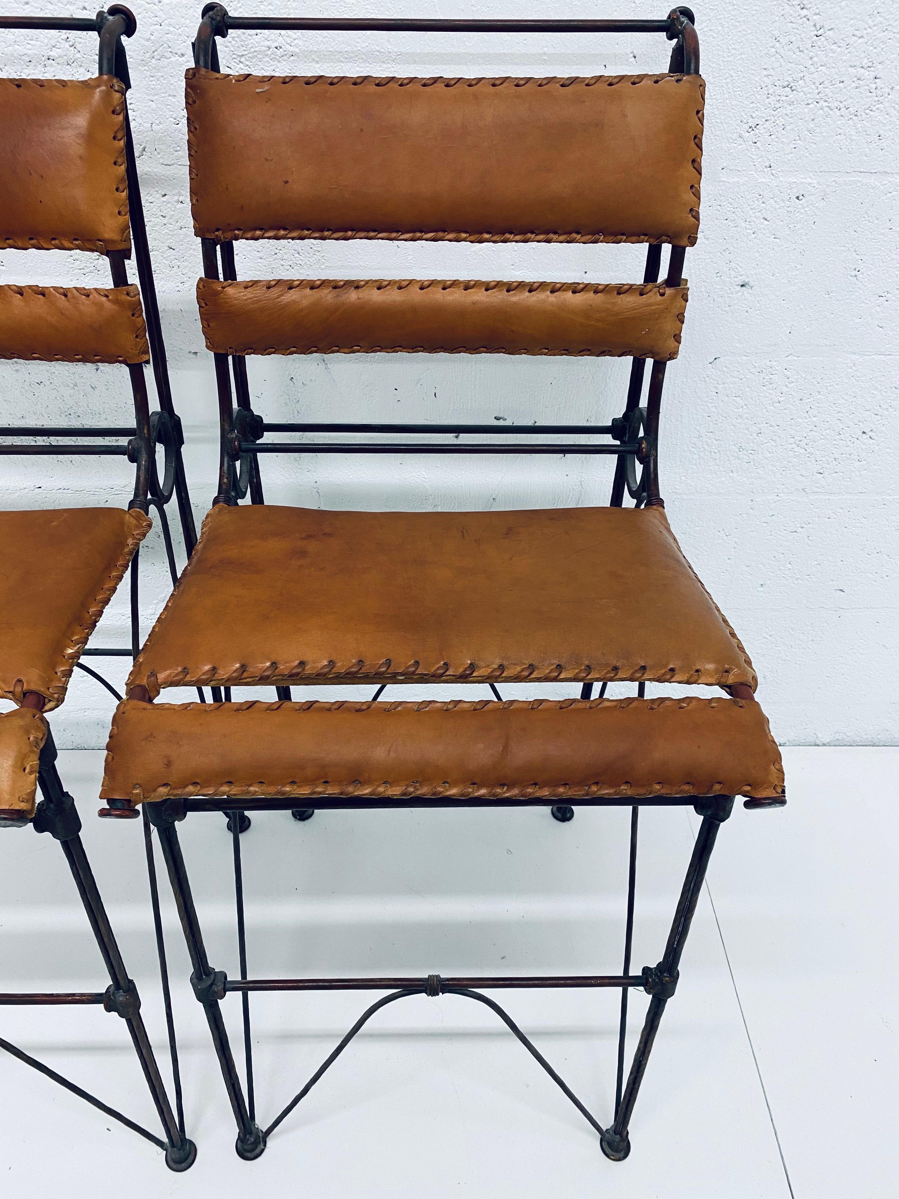 Late 20th Century Pair of Ilana Goor Attributed Brown Leather and Iron Bar Stools